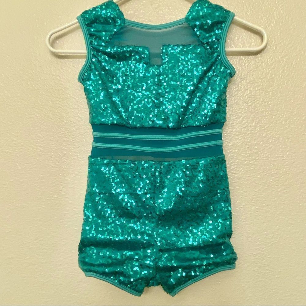 Curtain Call Dance Costume Kelly green aqua blue teal sequin J5509 CME M